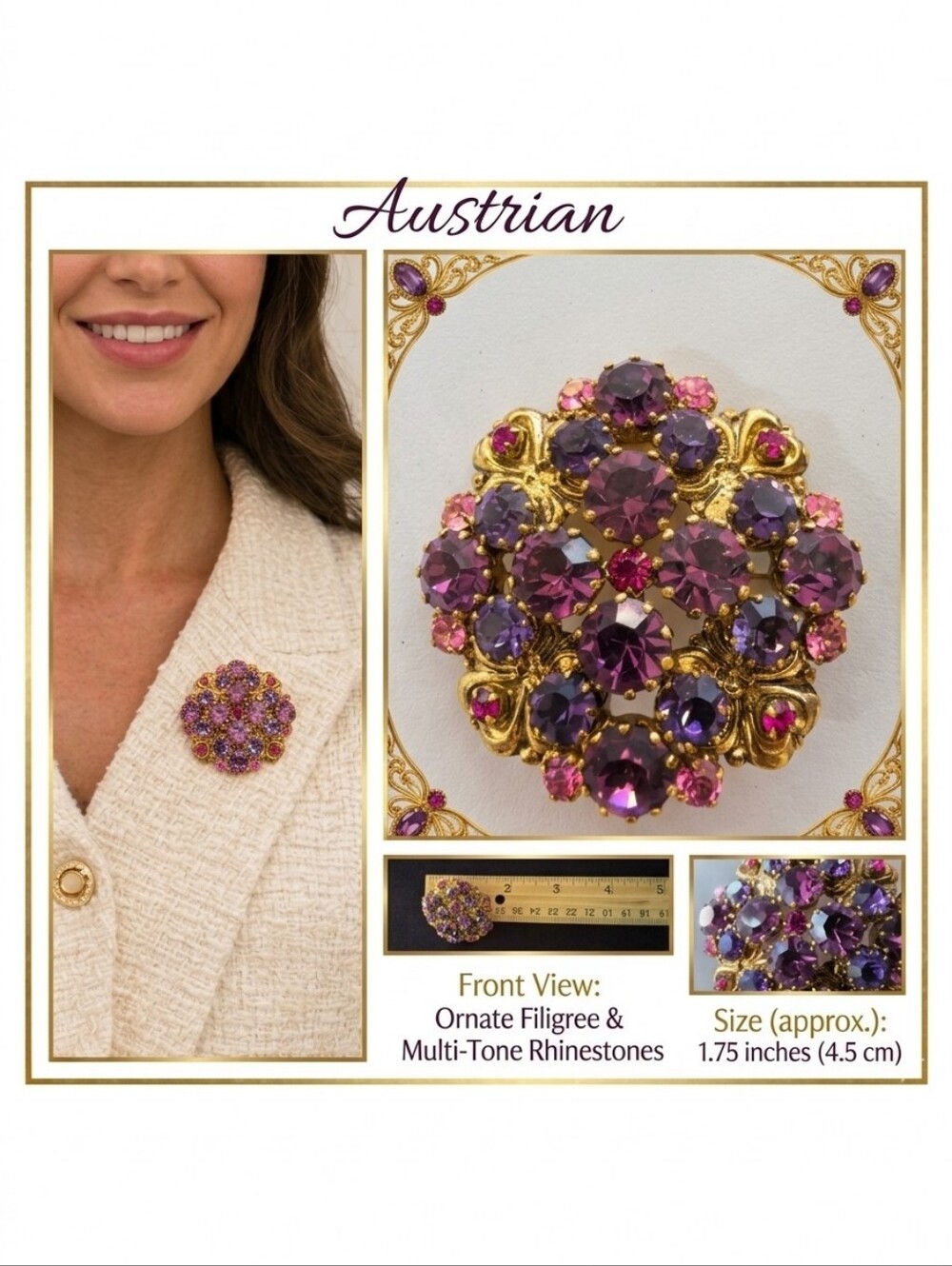 Signed Austria Purple & Fuchsia Glass Rhinestone Dome Brooch • 50s-60s